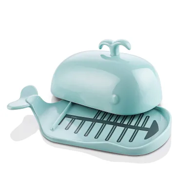 Modern Style Cute Blue Whale Shape Ceramic Butter Dish with Lid Freshness-Keeping & Portable