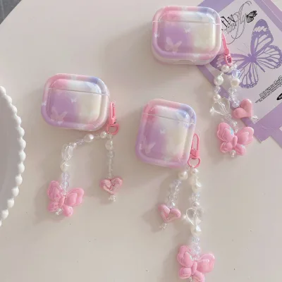 INS Aesthetic Butterfly Halo Staining Case for AirPods Pro 2 Earphone Box Coque for Air Pods 3 1 Cover Crystal Heart Keychain