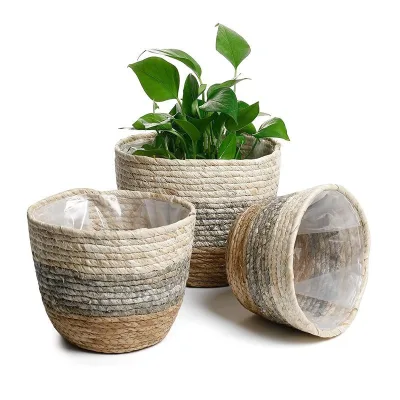 Round Straw Basket Seagrass Flower Basket Hand-woven Straw Weaving Plant Pot with Plastic Inner