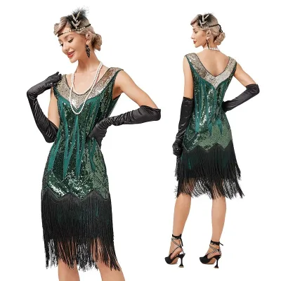 Retro 1920SV Neck Fringed Skirt, Gatsby Clothing Latin Dance Sequined Beaded Dress