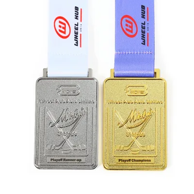 Factory Custom logo High Quality Soft Enamel Zinc Alloy 3D Creative Hockey Sports Crown Runner up Metal Medal with Ribbon