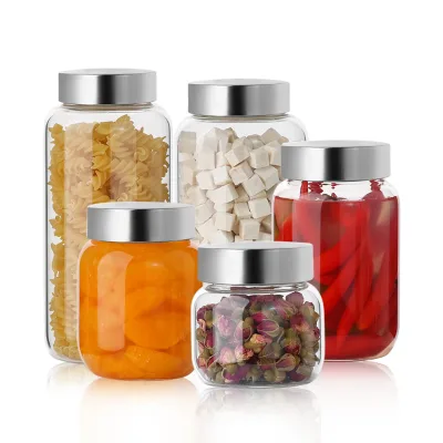 BPA Free High Borosilicate Glass Jar Clear Empty Airtight Baby Food Milk Cookie Beverage Juice Bottle with Stainless Steel Lid