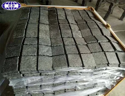 Flamed Mesh Backed G684 Black Granite Cobblestone Paver