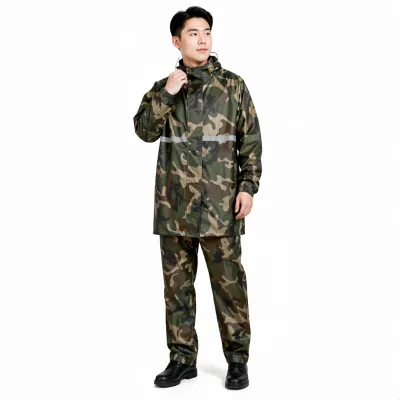 Camouflage Oxford Split Raincoat | Clear Wide Brim Reflective Strips Elastic Cuffs | Outdoor Safe Hooded Rain Jacket & Pants Set