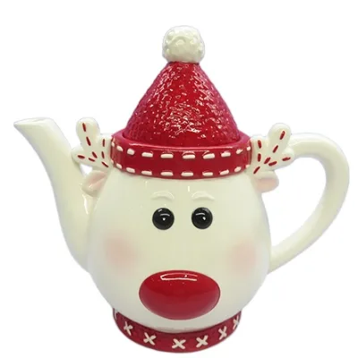Ceramic Christmas Deer Shape Ceramic Teapot - Handcrafted Holiday Tea Pot with Custom Painting, Unique Gift Drinkware for Xmas