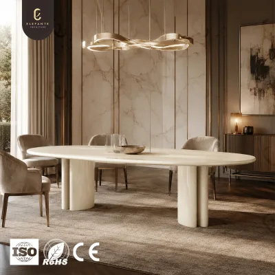 Luxury Custom Ivory Lacquer Solid Wood Dining Table Sculptural Oval Top Bespoke for High End Villa Residential Furniture