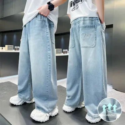 Foreign Trade Wholesale Boys Summer Thin Back-Pocket Printed for Denim Korean Style Straight-leg Loose-fit Slimming