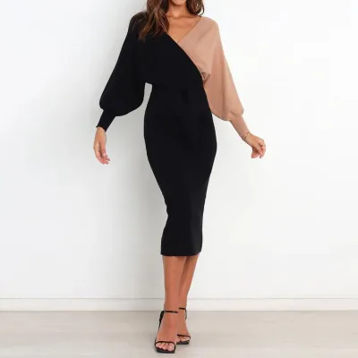Latest Design Summer Ladies Office Shirt Dresses Sweater Long Sleeve V-neck Waist Wrap Pencil Career Dresses Women Casual Dress