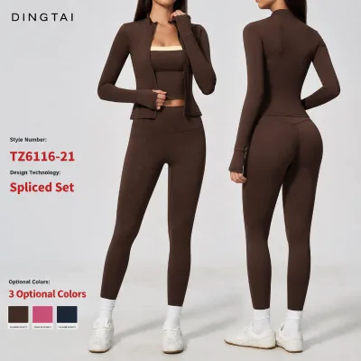 Women Cross Open Back Yoga Set 3 Piece Square Neck Crop Top High Waist Leggings Stand Collar Zip Jacket Thumbhole Quick Dry