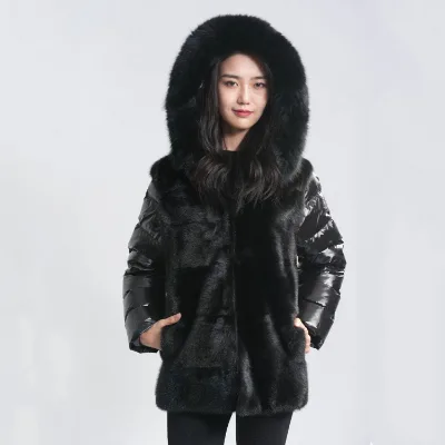 New Women Winter Fur Coats Real Full Skin Mink Jacket With Fox Hooded Winter Jacket for Women With Fur