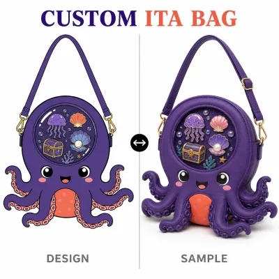Custom Octopus Shape Ita Bag Sculpted Eight Arm Stand Upright Glittery Purple Window Gold Buckle D Ring Swivel Clip Blue Purse
