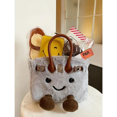 New Cute Childlike Cartoon Smile Plush Bucket Crossbody Bag Hasps Closure Contrast Color Splice Large Capacity Versatile Use