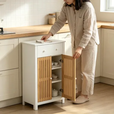 Bamboo Door Floor Standing Bathroom Cabinet with Drawers Waterproof Bathroom Storage Cupboard for Hotel Home Use