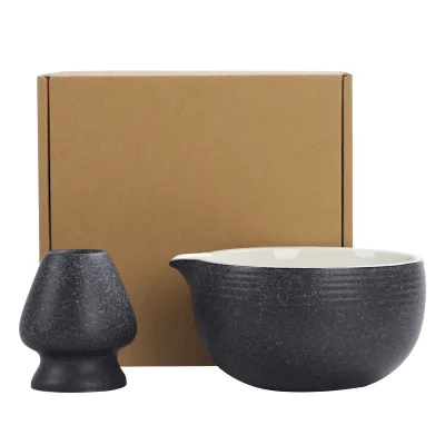 Matte Black Stoneware Matcha Bowl With Spout Big Capacity Tea Ceremony Cup With Whisk Stand Set Ceramic Matcha Tea Bowl Chawan