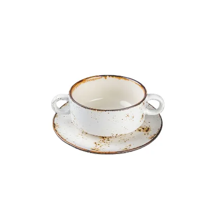 Porcelain Bowl Custom Ceramic Soup Bowl Set With Saucer Hotel Restaurant Ceramic Bowl Set with 2 Handle