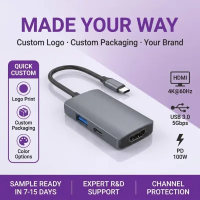 Mini 3in1 USB C Hub HDTV 4K60Hz PD100W USB3.0 5Gbps 11.5mm Slim Aluminum Portable Travel Docking No Driver for Mac Windows Linux