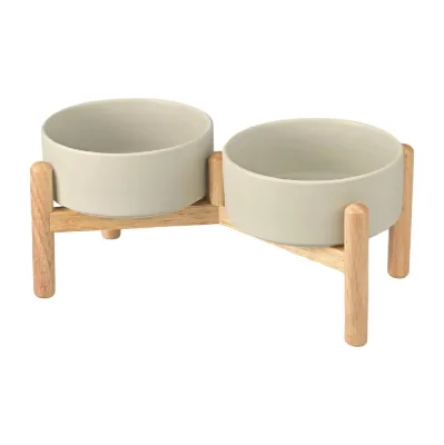 Ceramics Raised Bowls with Wooden Stand - Elevated Dog Food and Water Bowl