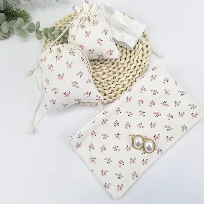 Fresh Style Custom Size Cotton Flower Jewelry Pouch With Drawstring or Zipper Accseeories