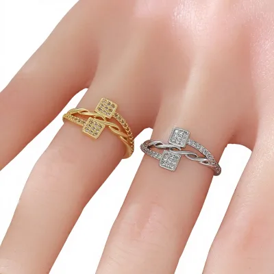 Copper-plated 18K Gold square Knitted Braided Ring Inlaid Zircons Fully Paved; Non-fading Fashionable Distinctive Exuding