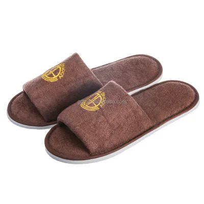 Wholesale Custom Logo Unique Style Soft High Quality Universal Brown Terry Hotel Disposable Slippers Non Slip Open Toe