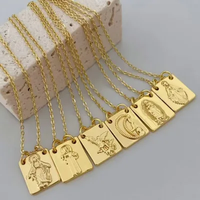 Fashion Religious Scapular Charm Necklace Gold Plated Brass Square Pendant Catholic