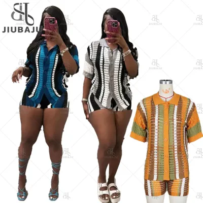 Summer Short Sleeve Knitted Short 2 Two Piece Set Red Beach Party for Women 2023 High Waist Short Sets