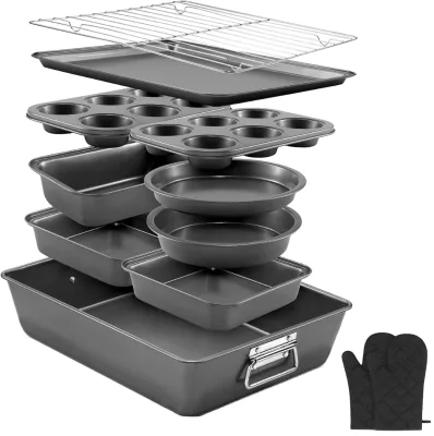 12PCS Nonstick Bakeware Set Non-Toxic Carbon Steel Baking Pans Wider Grip Includes Roasting Pan Cookie Sheet Cake Muffin Pans