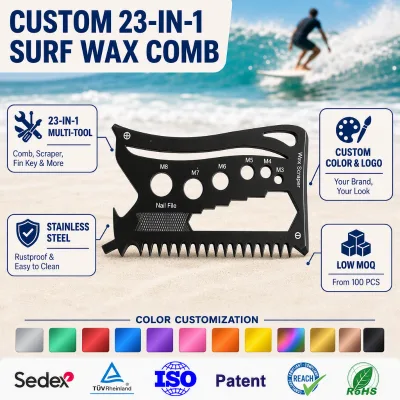 Custom Logo Surf Wax Comb Multitool Card 23 in 1 Stainless Steel Fin Key Bottle Opener Wrench Screwdriver Surfboard Wax Scraper