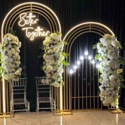 Luxury Electroplated Stainless Steel Golden Metal Wedding Curve Backdrop Floor Stage Decoration Backdrop