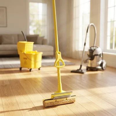 Sponge Mop with Self-Wringer for Home & Commercial Use Reusable & Durable for Tile Floors & Bathrooms Includes Stainless Tray