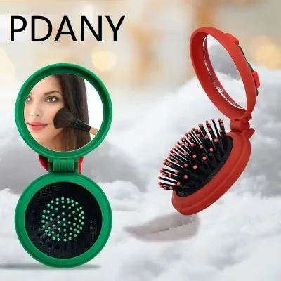 PDANY Creative Christmas ABS Foldable Mini Comb Scalp Massager Santa Claus Cartoon Comb with Makeup Mirror for Christmas Gift