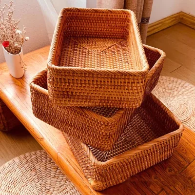 Handwoven Rattan Storage Rectangular Basket-Eco-friendly Rustic Design Bohemian Style Handmade Fruit Basket
