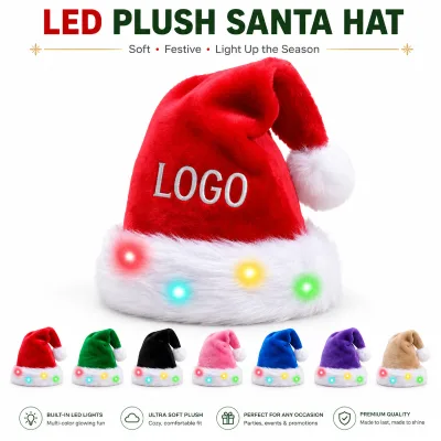 Wholesale LED Plush Santa Hat With Flashing Light Design Custom Made Holiday Hat for Events Gifts Promotions and Seasonal Use