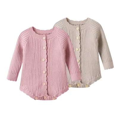 OEKO-TEX Certified Combed Cotton Baby Ribbed Knit Cardigan Bodysuit Toddler Girl Wavy Edge Long Sleeve Button Onesie