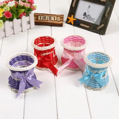 Exquisite Hand-woven Plastic Rattan Storage Basket Home Decoration Ornaments Bow Insert Plastic Round Vase Wedding Gift Basket