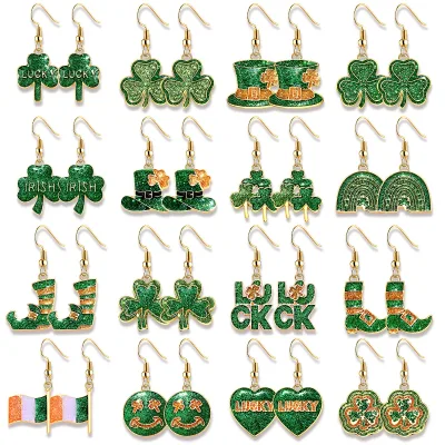 Wholesale St. Patrick's Day Fancy Earrings Glitter Shamrock Metal Dangle Earrings for Women