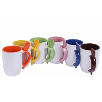 wholesale 11oz U shape mug with spoon for sublimation,  Height: 10.5cm Top dia:8.3 cm Bottom dia:6.1cm