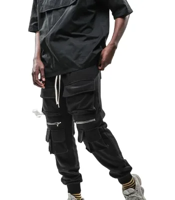 Fabric Black Sweat Pants Mens High Quality Loose Fit Sports Style Cargo Pockets Fleece Sweatpants Polyester / Cotton OEM & ODM