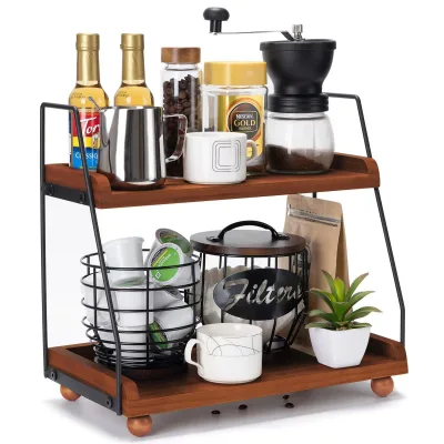 Ironwood Wooden Double Shelf Wall-Mounted Eco-Friendly Durable Living Room Kitchen Storage Organizer for Coffee Milk Tea