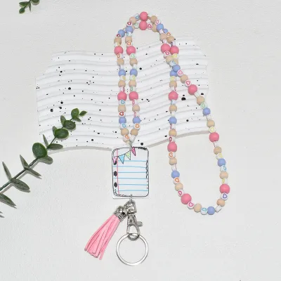 Handmade Fashionable Boho Wooden Beads Hearts Adjustable Eco-Friendly Keychain Metal Hook Mixed Beaded Design Pink Tassel
