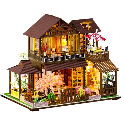 IIECREATE Japanese Style DIY Handmade Miniature Dollhouse Wooden Doll House with Furniture LED Light
