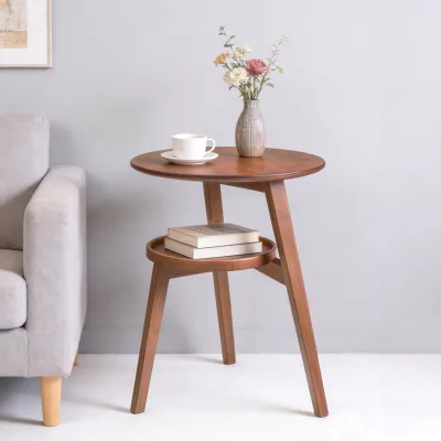 Round Wood Side Table 2 Tier Coffee Table Storage End Table With Storage Rack for Living Room Bedroom Balcony Home Furniture