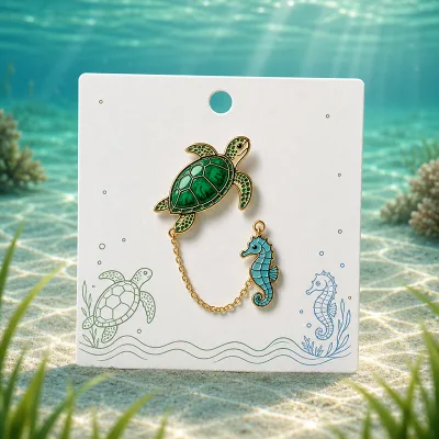 Sea Turtle Seahorse Enamel Pin Brooch with Gold Chain Ocean Sea Life Jewelry Beach Summer Brooches Wholesale Custom Lapel Pin