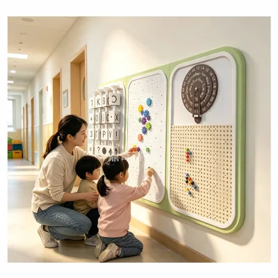 Wall-Mounted Mechanical Interactive Sensory Play Wall with Letter Flip Gear Calendar Bead Board Indoor Playground Equipment
