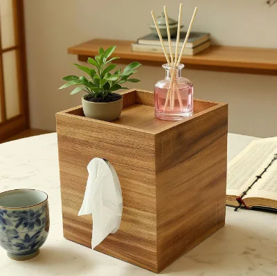 Wooden Eco-Friendly Country Style Rectangular Napkin & Tissue Box Holder with Embossed Dispenser Lid and Customized Designs