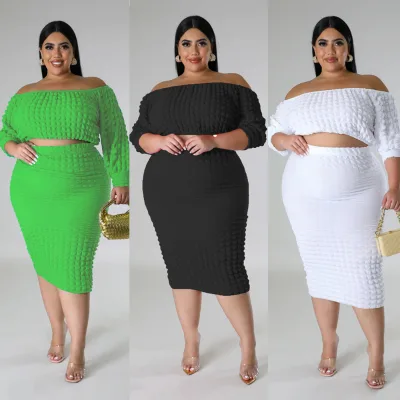 BR3414 Women One-line Collar Solid Color Bubble Two-piece Set
