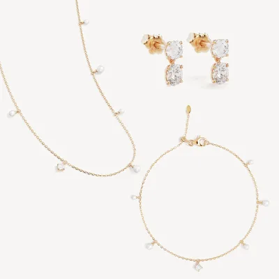 CHICNNA 14k Gold Plating Exquisite S925 Silver Cz and Pearl Charm Bracelet Set Simple Pearls Jewelry Gift for Unisex Vendors
