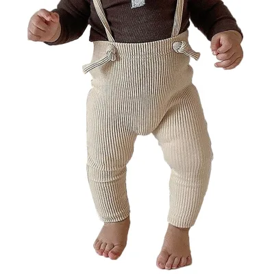 Wholesale Baby Unisex Cotton Rib-Knit Legging Pants with Suspenders Baby Unisex Pants Adjustable Knot Straps Leggings