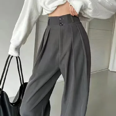 Summer New Gray Double Button High Waist Wide Leg Suit Trousers for Women Draping Slimming Casual Pants
