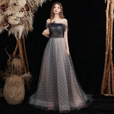 2025 new styles 2021 Grey Luxury Off-shoulder Satin Prom Dress For Evening Party Dress